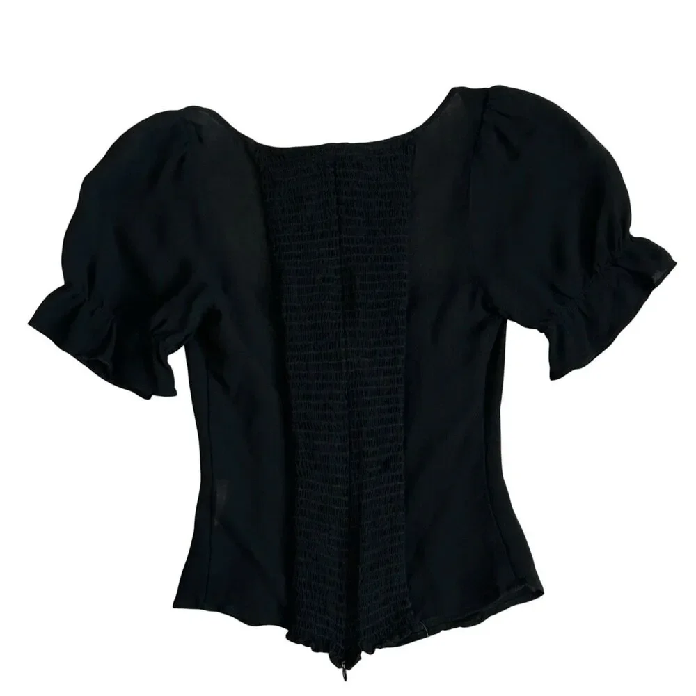 Reformation Top Women's XS Black Puff Sleeve Dark Romantic Boho Sweetheart Neck